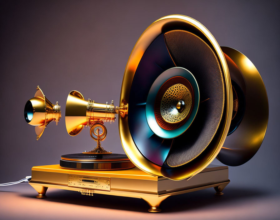 Stylized modern gramophone with golden horn and black speaker on base