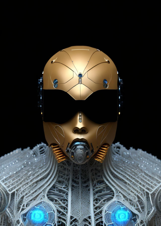 Gold-colored robotic head with glowing blue elements on mechanical torso.