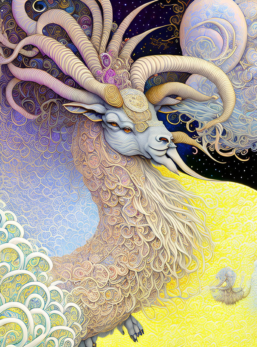 Intricate Ram Illustration with Psychedelic Background