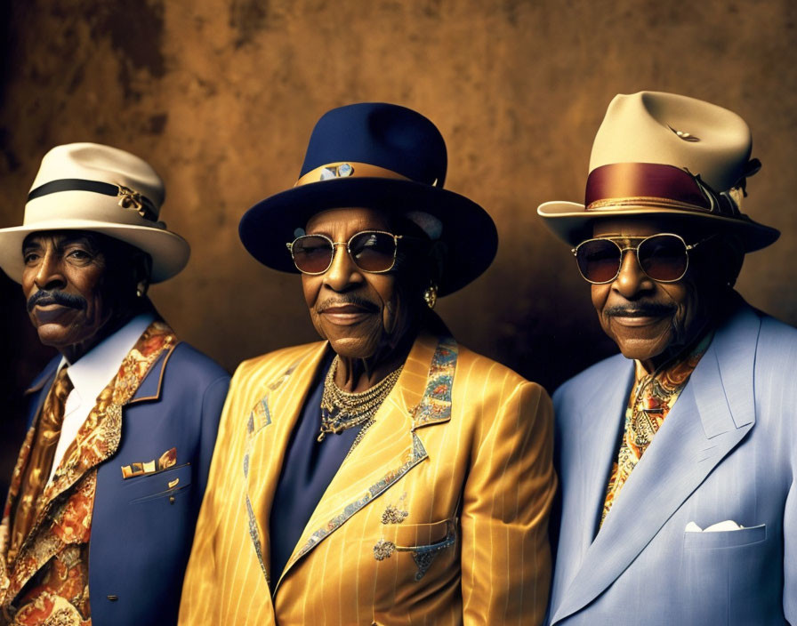 Elderly Men in Colorful Suits and Stylish Hats Against Brown Backdrop