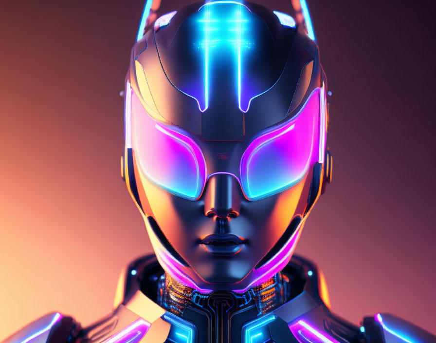 Futuristic robot head with glowing neon lines and pink eyes on gradient background