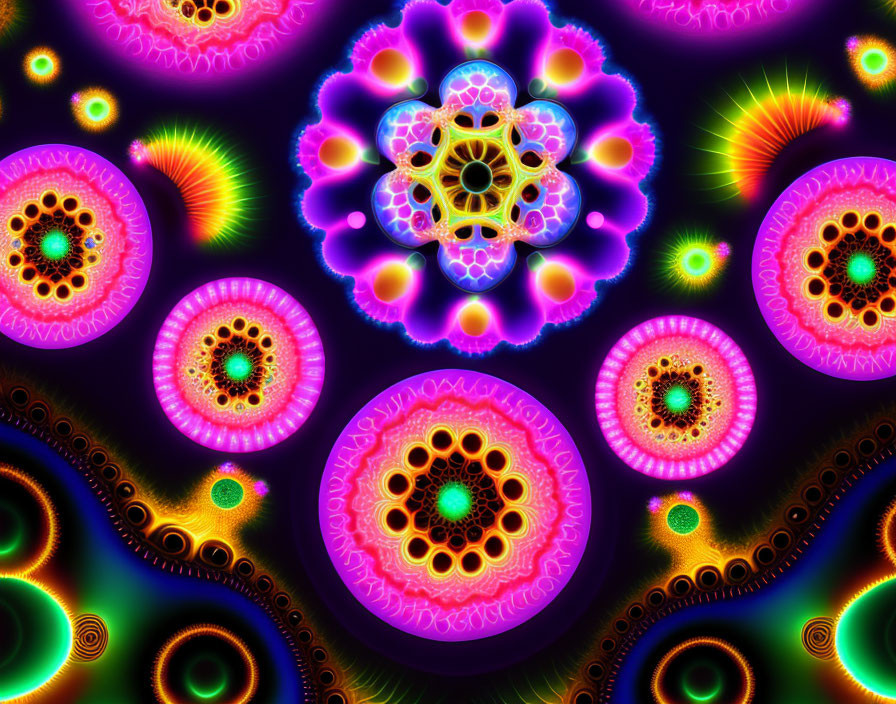 Colorful digital artwork with neon kaleidoscopic pattern and fractal designs.