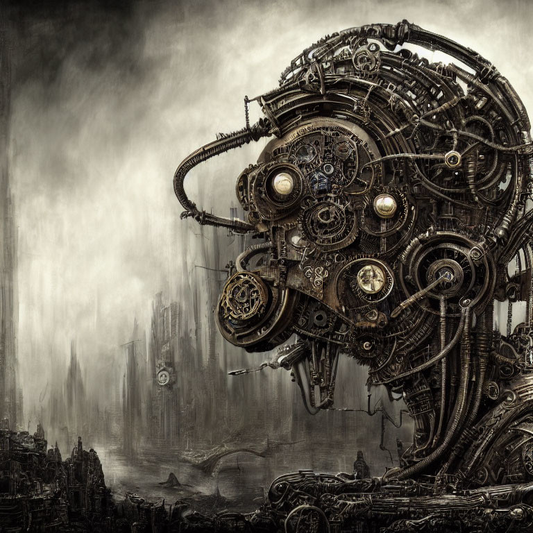 Steampunk machinery intertwined with cityscape in misty setting