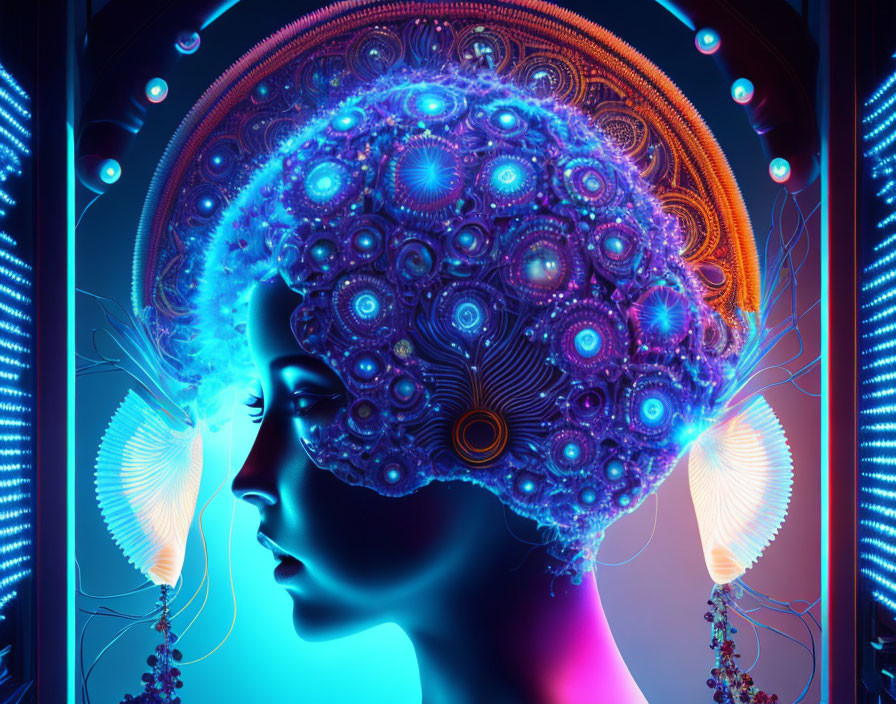 Vibrant fractal brain profile in neon colors on dark background