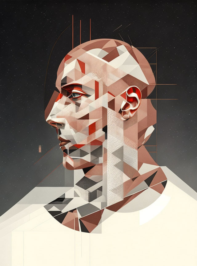 Geometric abstract human profile in red, white, and gray tones on starry background