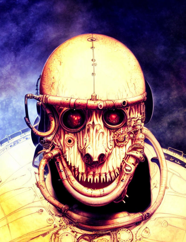 Skull with red glowing eyes and aviator goggles in steampunk setting