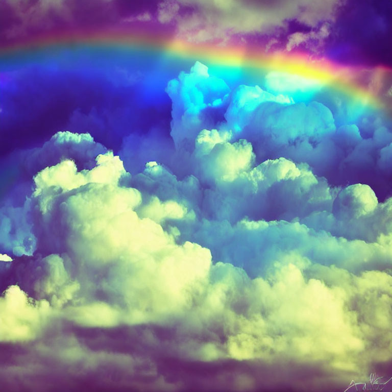 Colorful rainbow over fluffy clouds in digital art