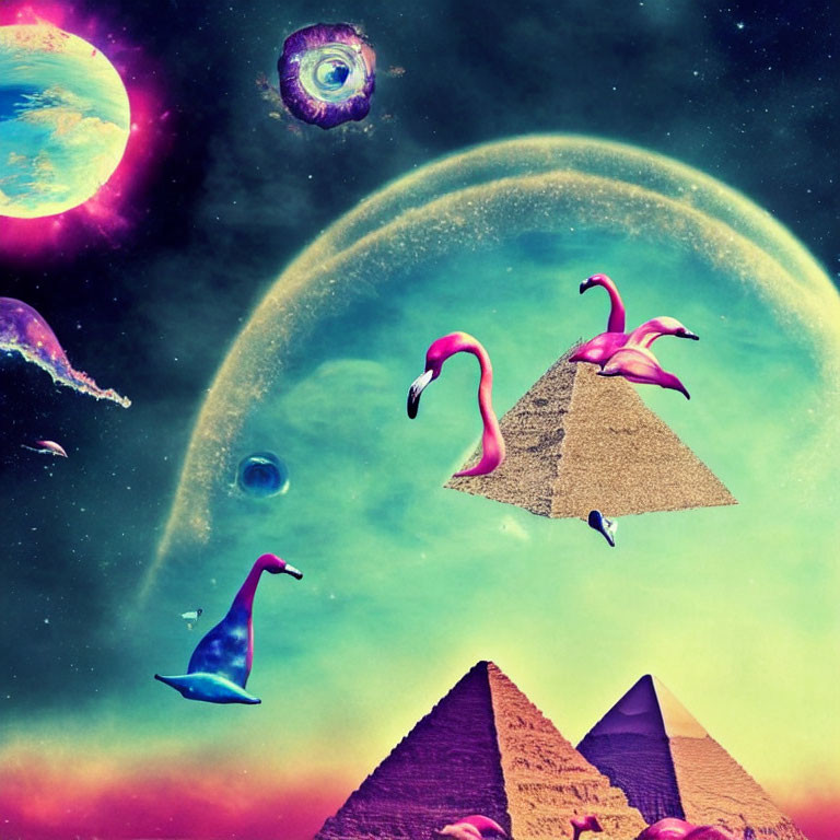 Surreal cosmic scene: Pink flamingos, whale in space, pyramids, celestial bodies