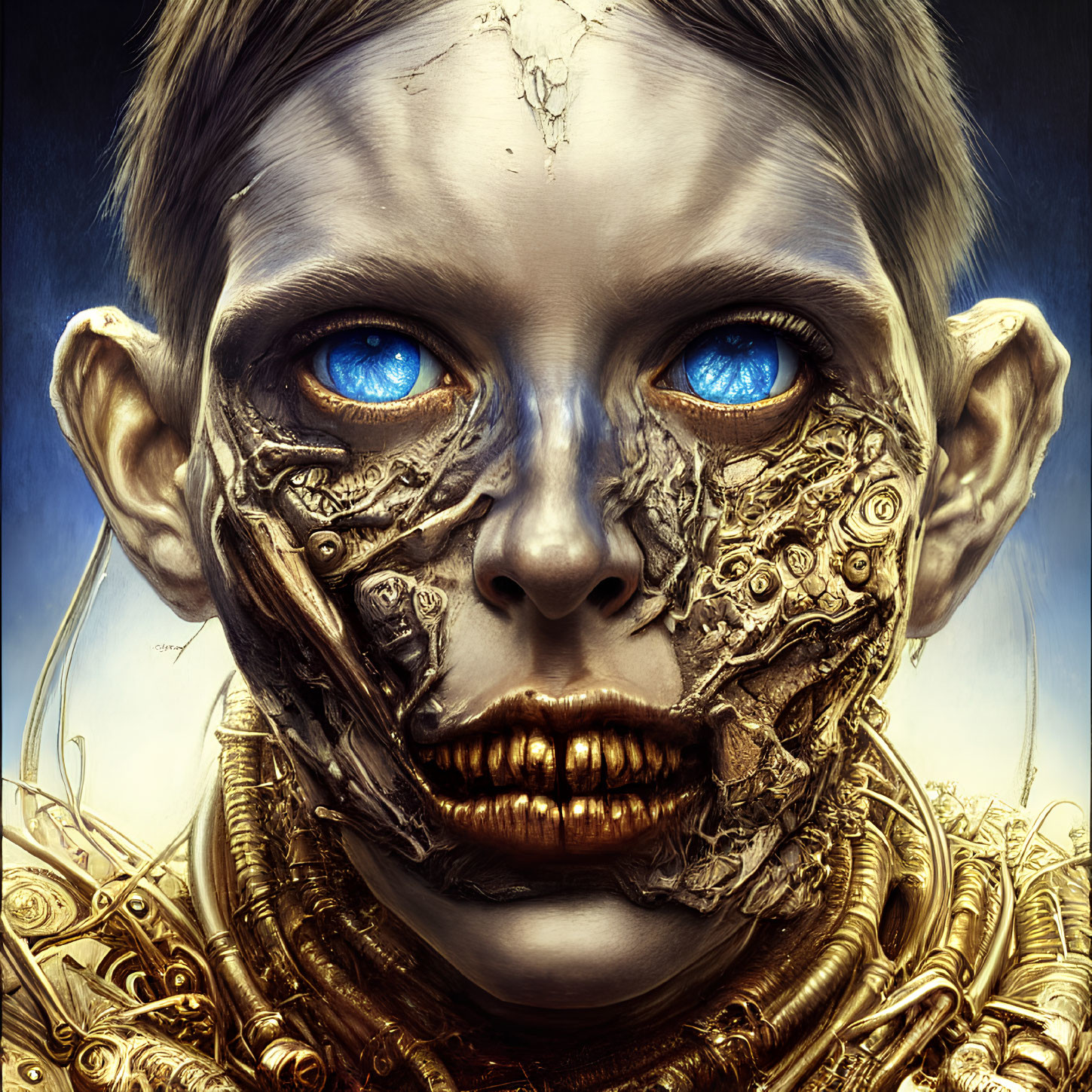 Child with Partial Cybernetic Face and Blue Eyes in Digital Art