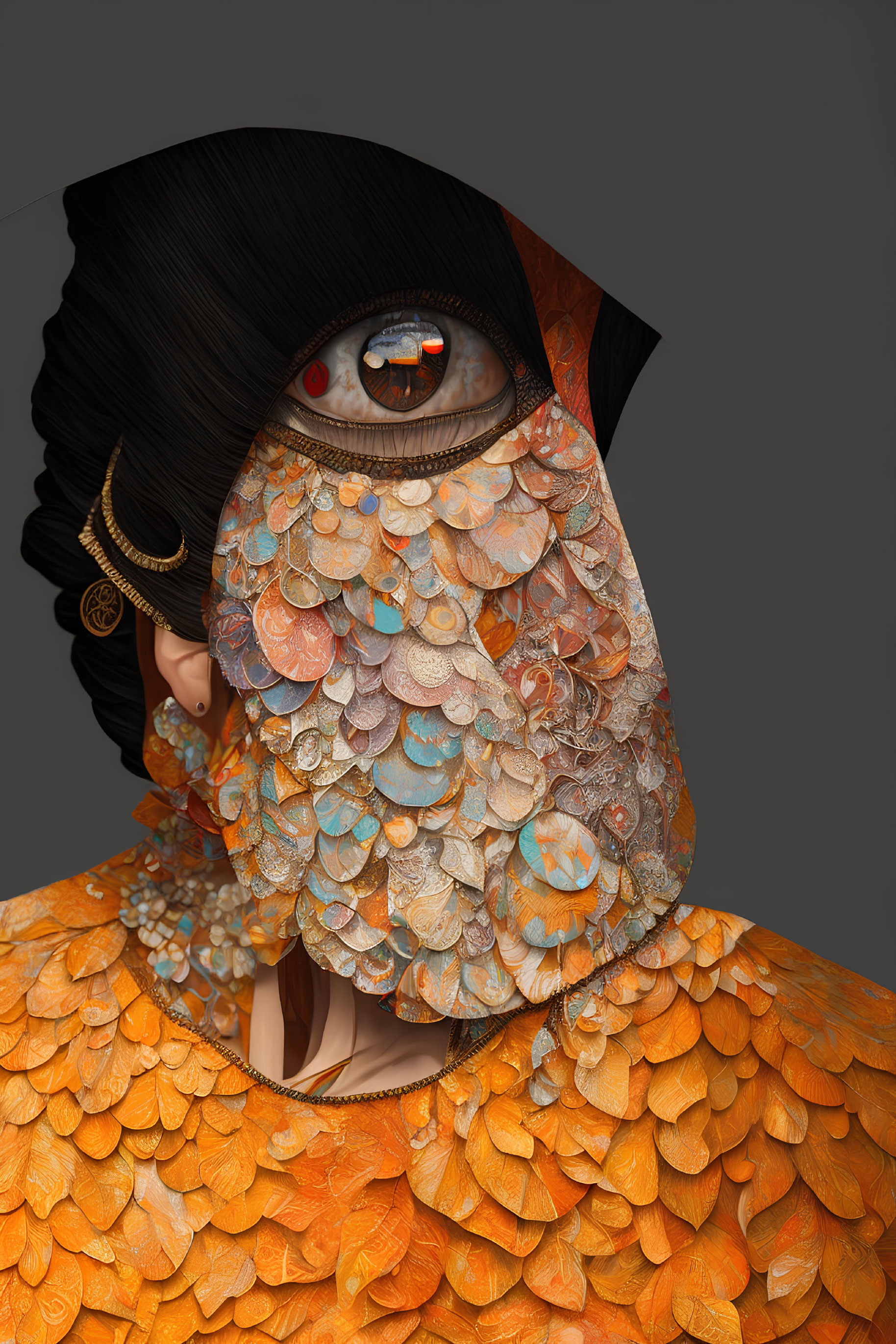 Ornate mask with scales and eye design on person's face