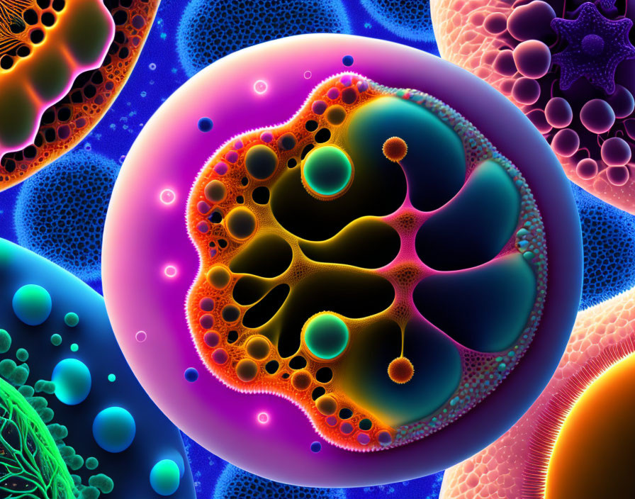 Vibrant Abstract Art: Microscopic Cells in Purple, Blue, and Orange