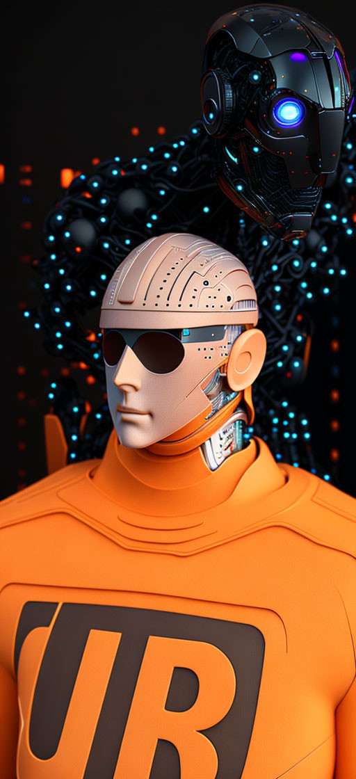 Detailed humanoid robot in orange suit with "UR" logo, mechanical head, neck, glowing blue lights