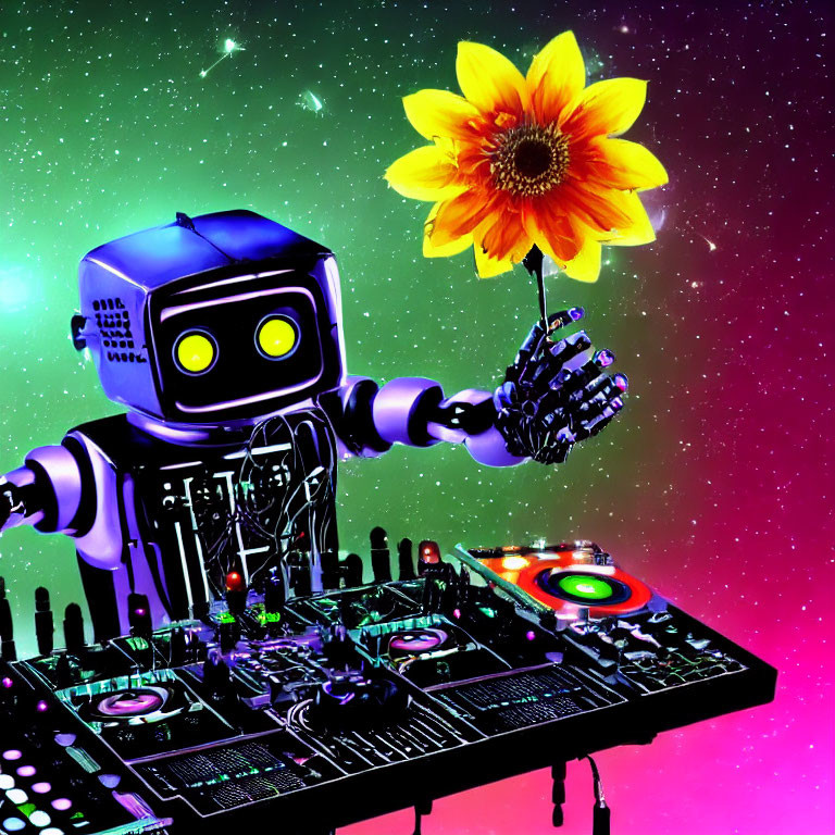 Friendly-faced robot with yellow flower at colorful DJ booth in space.