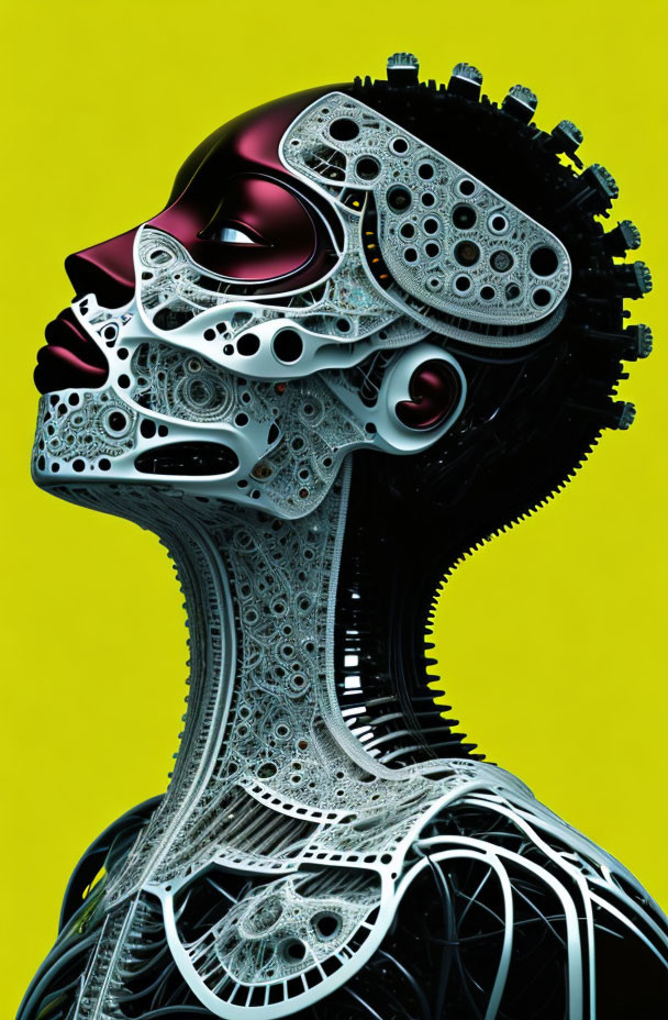 Surrealist humanoid portrait with intricate mechanical details on vibrant yellow background