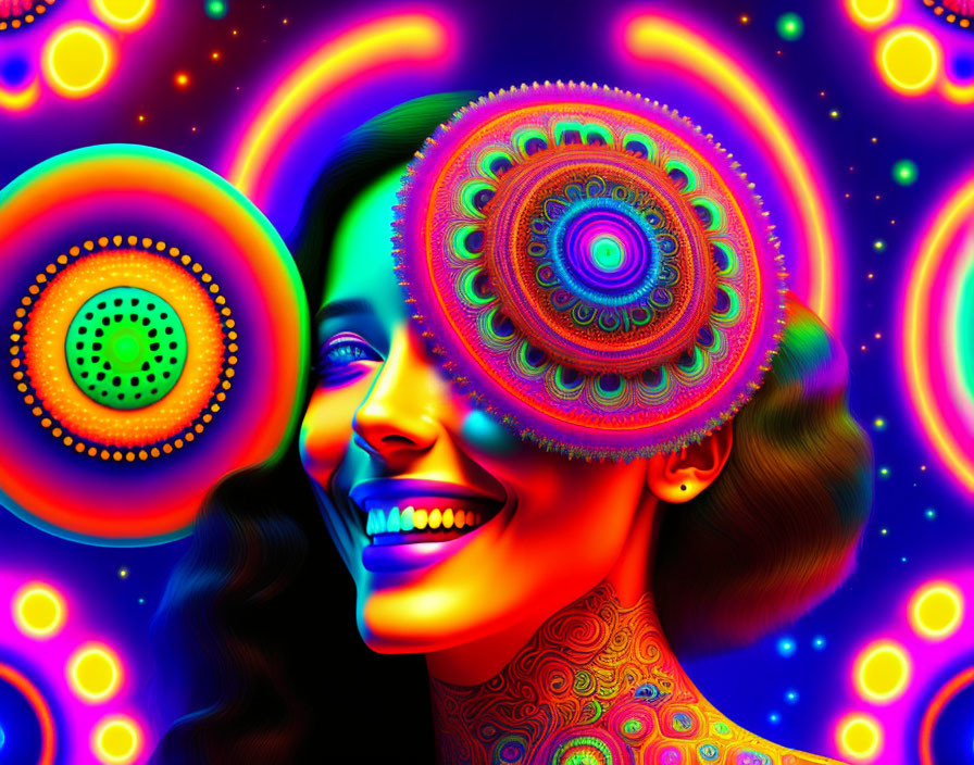 Colorful digital portrait of a smiling woman with psychedelic patterns.