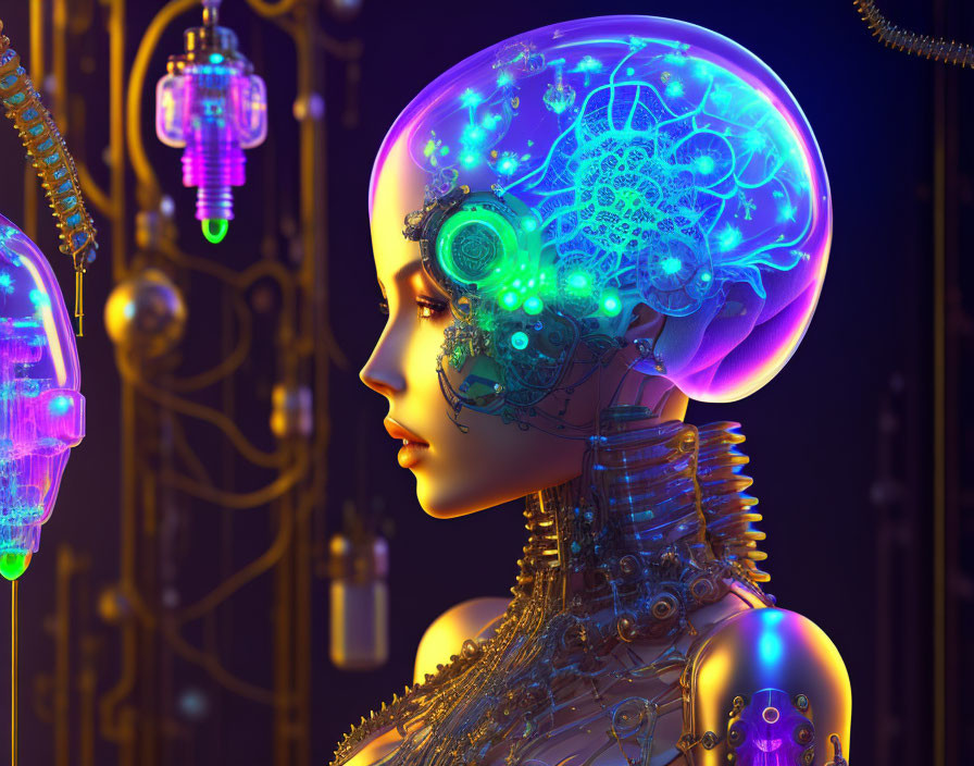 Detailed 3D illustration of female android with transparent cranium showcasing intricate glowing brain