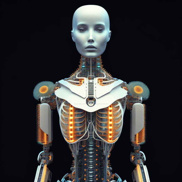 Humanoid Robot with Featureless Face and Orange-Glowing Mechanical Structure