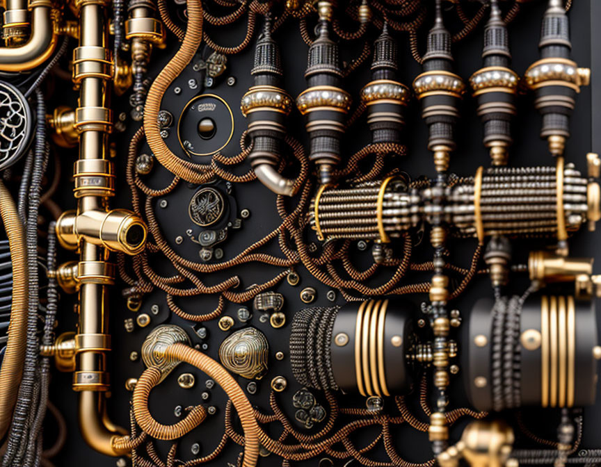 Steampunk-inspired mechanical assembly with brass pipes, gears, and textured hoses