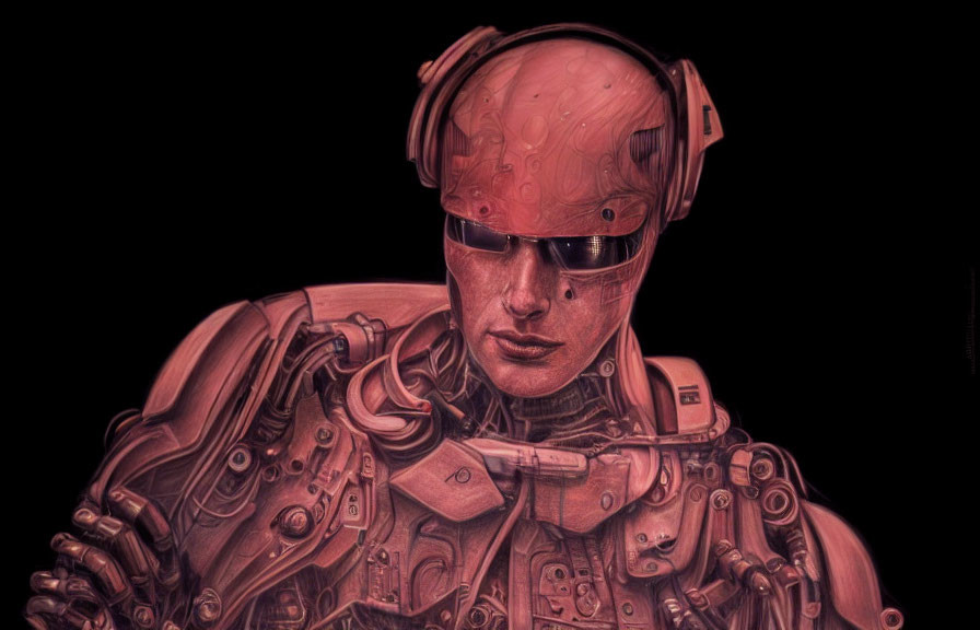 Detailed humanoid robot with visor and headphones on dark background