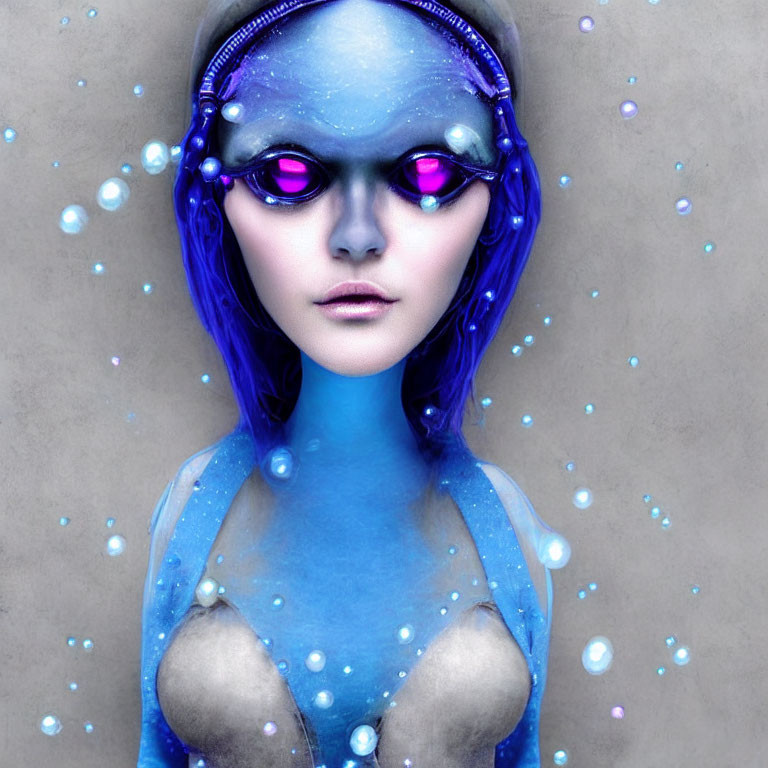 Blue-skinned female figure with purple eyes and hair in digital art with floating bubbles on neutral backdrop