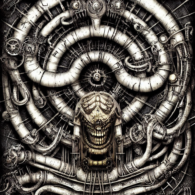 Detailed Artwork: Skull surrounded by Mechanical Pipes and Gears