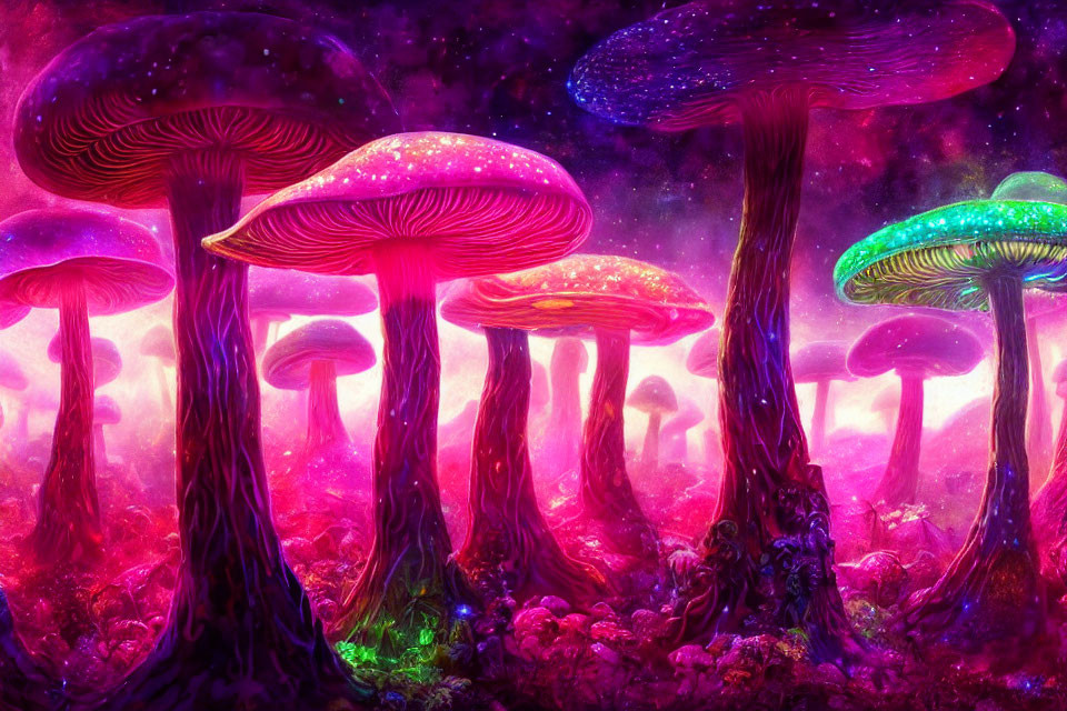 Colorful Bioluminescent Mushroom Forest Under Starry Sky