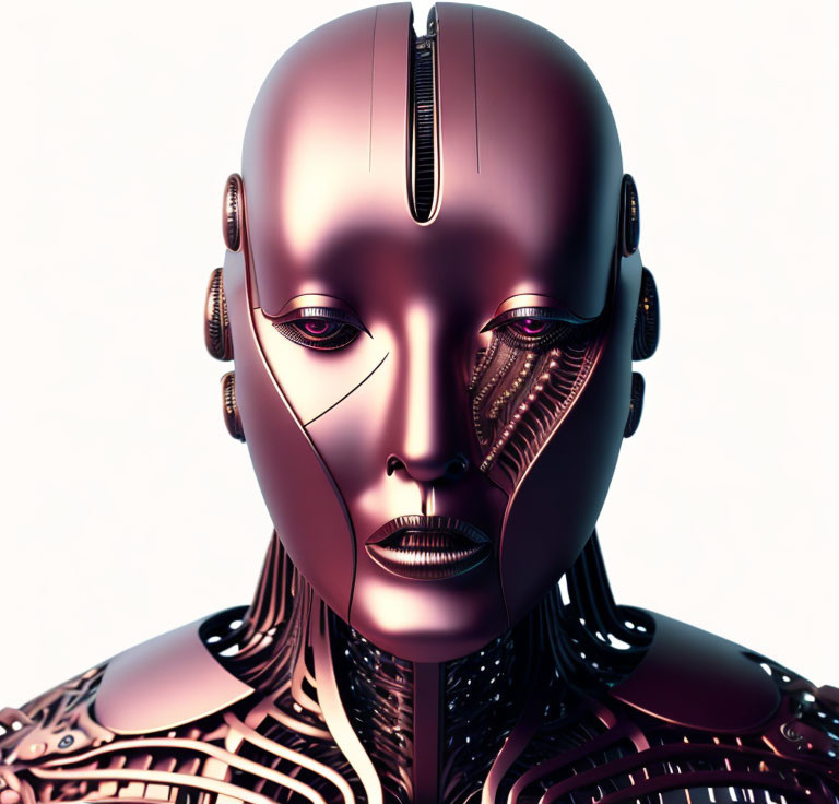 Detailed 3D rendering of humanoid robot with metallic finish & advanced facial features