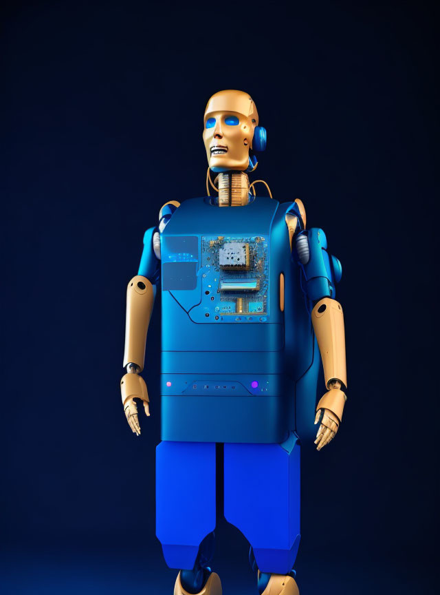 Blue and gold humanoid robot with exposed circuit board on chest in dark blue background