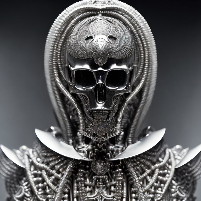 Intricate metallic skull with chainmail and curved blades on dark background