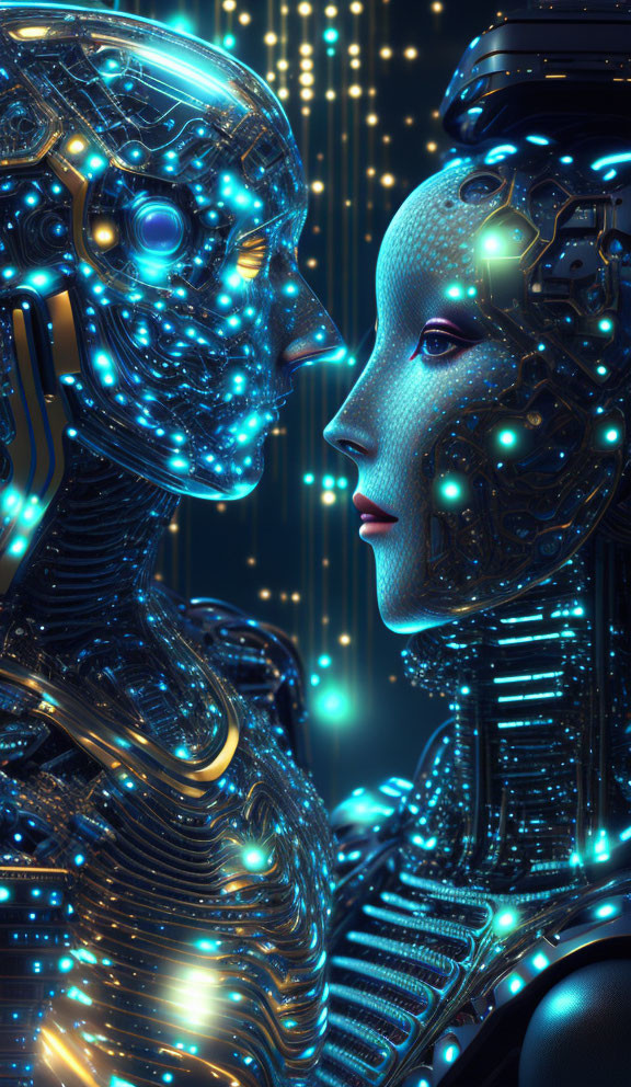 Detailed futuristic androids with glowing blue circuits in digital light backdrop