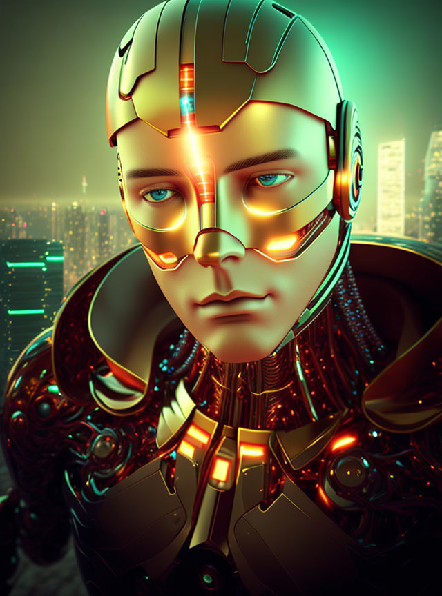 Futuristic robot head and torso with glowing eyes and cityscape background.