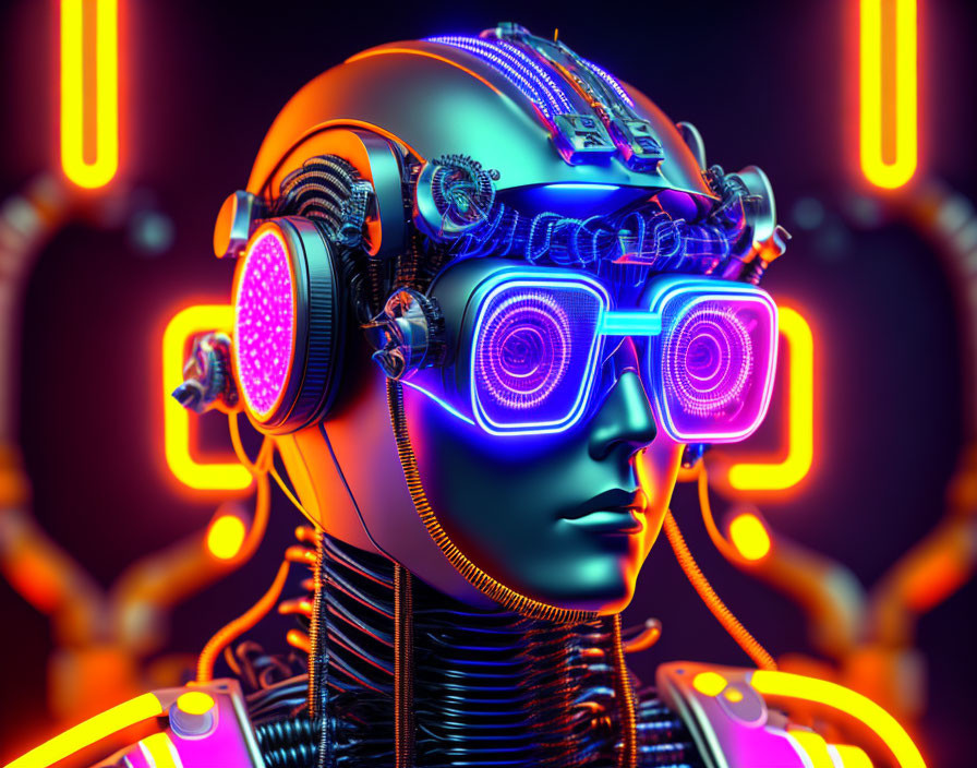 Futuristic robot head with neon purple glasses and headphones on dark background