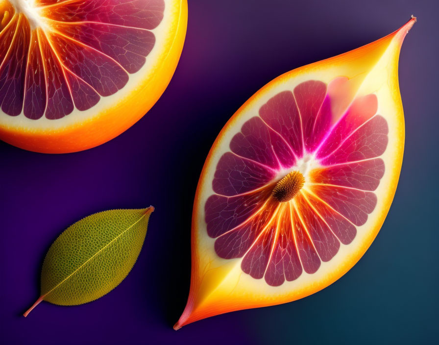 Sliced Blood Orange with Glowing Interior on Purple Background