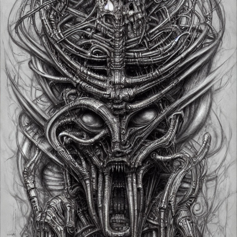 Detailed monochrome biomechanical entity sketch with intricate machinery and organic elements.