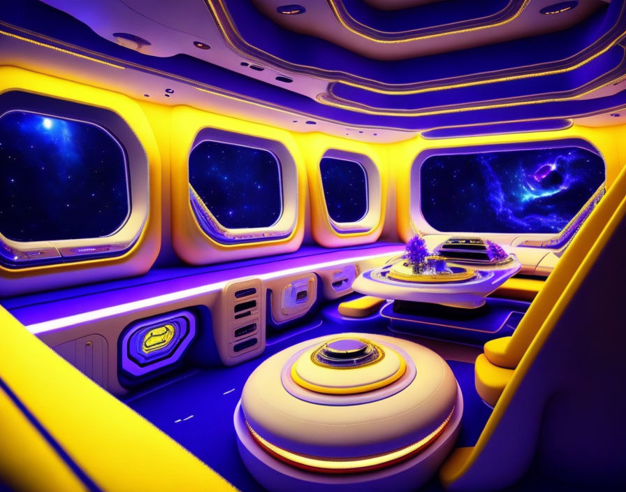 Futuristic Spaceship Interior with Glowing Lights & Holographic Control Table