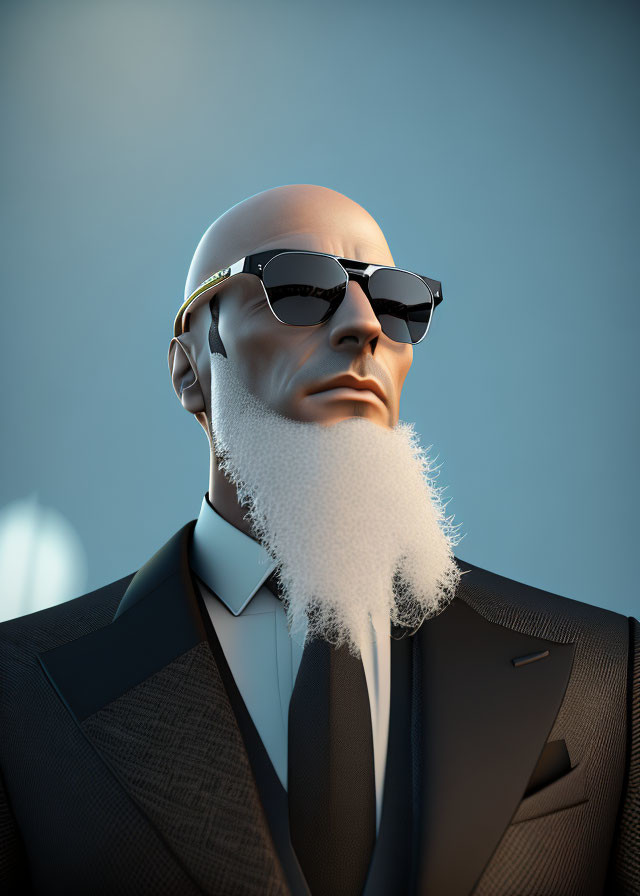 Bald man with white beard in suit & sunglasses on blue sky - 3D illustration