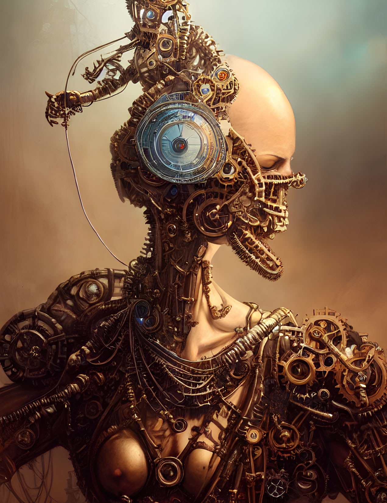 Detailed Steampunk-Style Robot with Mechanical Gears and Eye