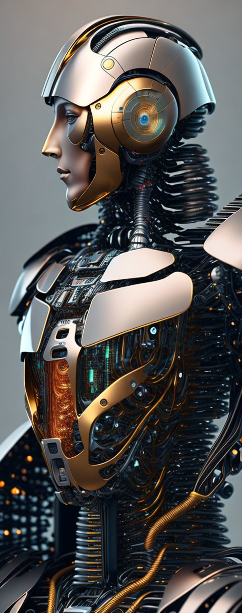 Detailed Golden and Black Exoskeleton on Female-Faced Humanoid Robot