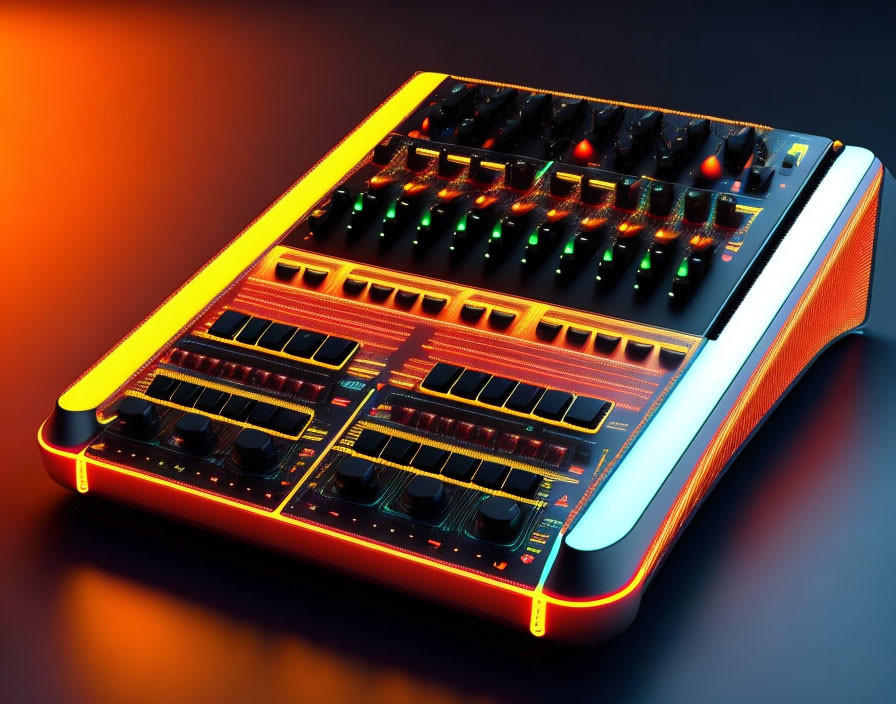 Neon Edged Futuristic Mixing Console with Sliders and Knobs