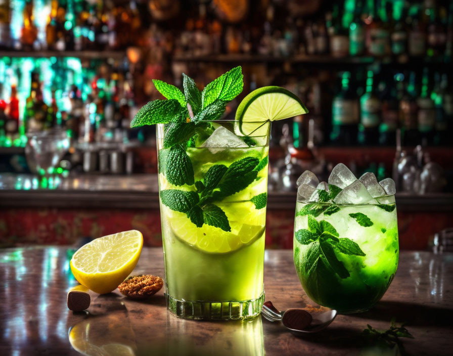 Refreshing Mojito Cocktails with Lime and Mint on Bar Counter