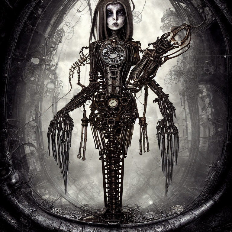 Intricate Steampunk Robotic Figure with Clock Components