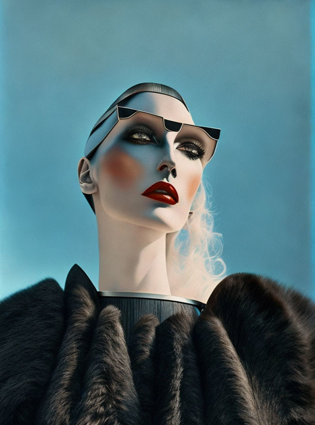 Mannequin with Bold Makeup, Cat-Eye Sunglasses, and Fur Coat on Blue Background