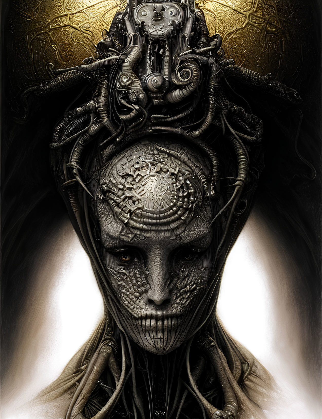 Detailed biomechanical skull face on golden textured background