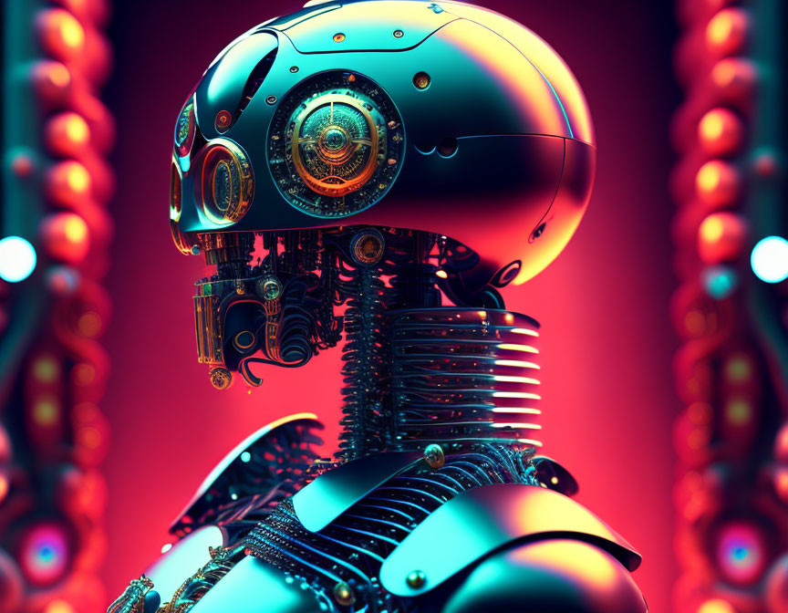 Detailed 3D rendering of futuristic robot with intricate metallic body and complex head gears on red backdrop