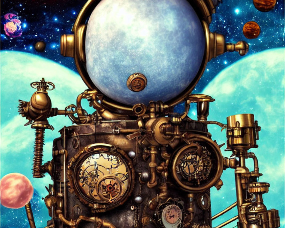 Steampunk observatory with gears and clocks in cosmic setting