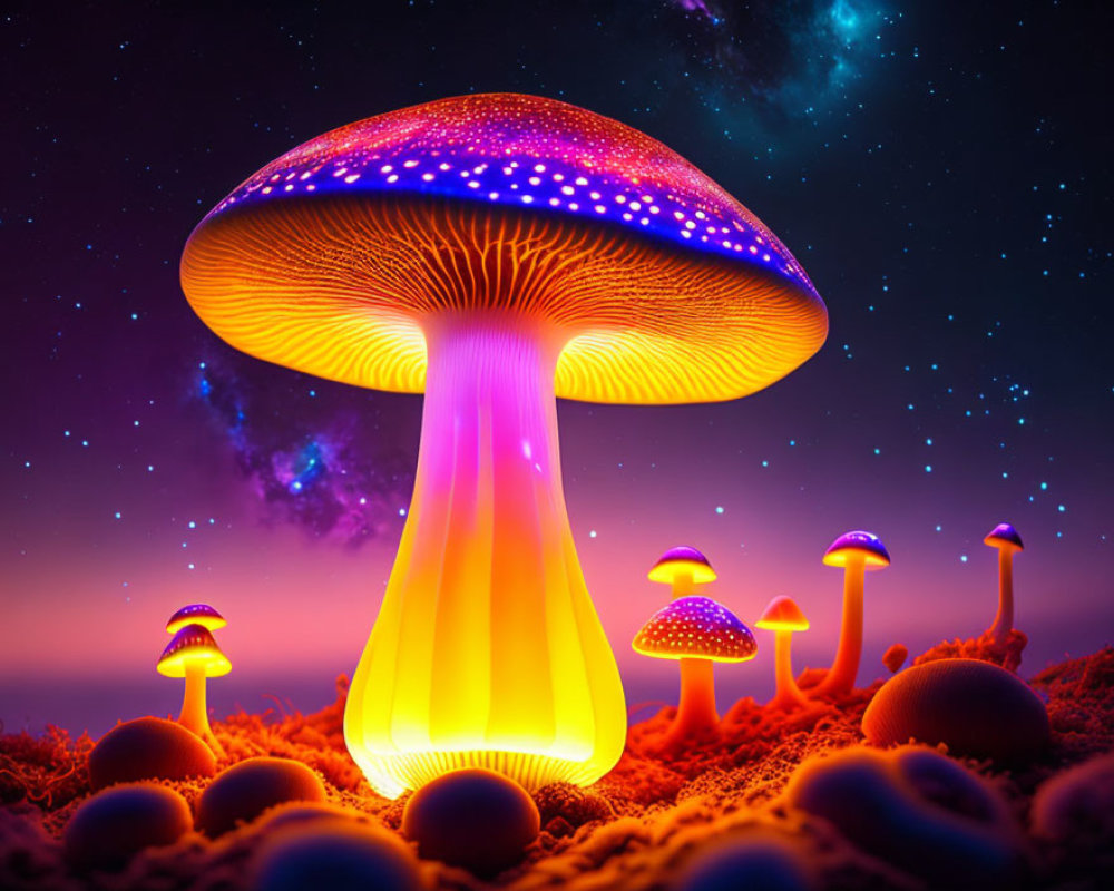 Colorful Digital Artwork: Luminescent Mushrooms in Starry Sky