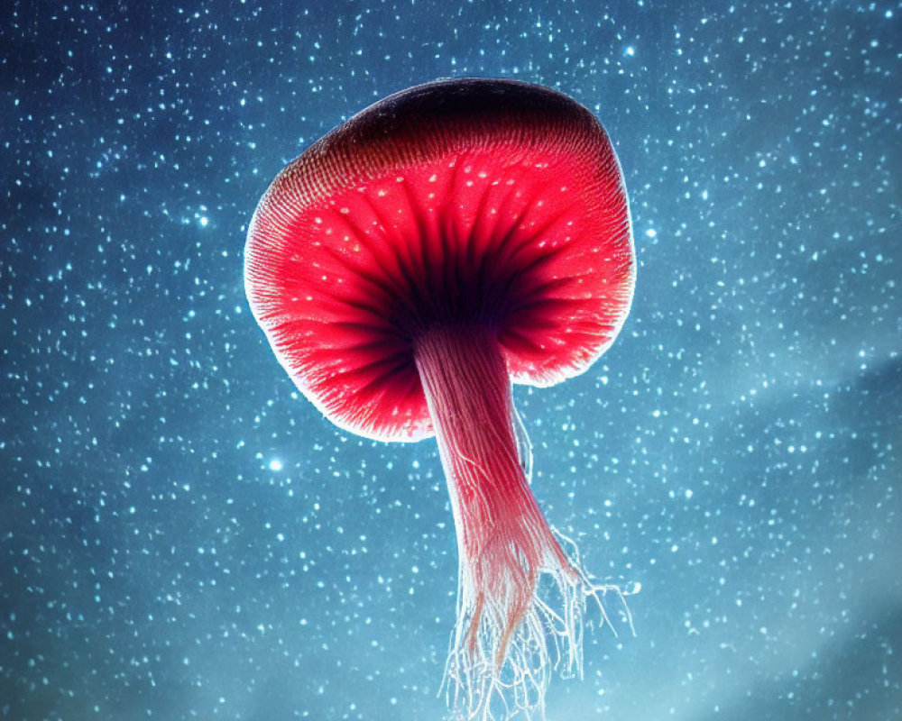 Vibrant Red Jellyfish Floating in Deep Blue Starry Space