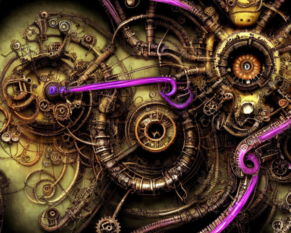 Detailed Steampunk Machinery with Bronze Tones and Purple Energy Beam