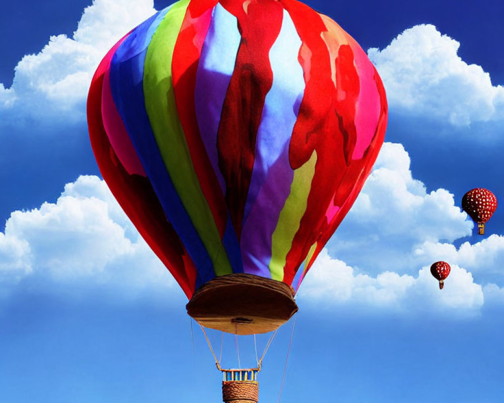 Colorful hot air balloon floats in blue sky with fluffy clouds and distant balloons