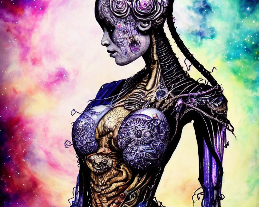 Surreal biomechanical being in cosmic digital art